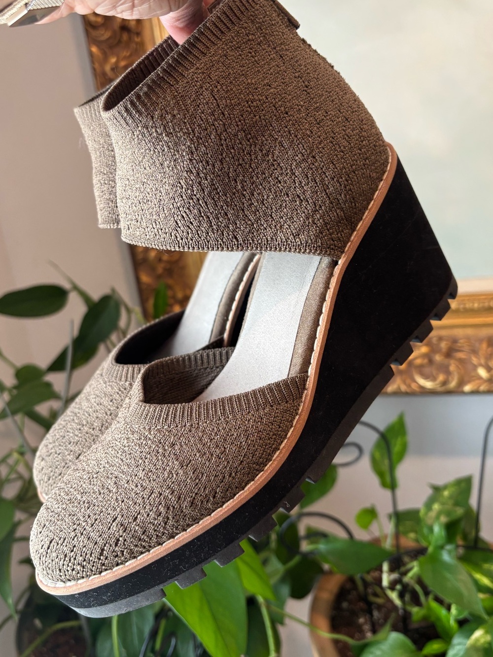 Eileen Fisher Taupe Knit Wedge Ankle Shoes